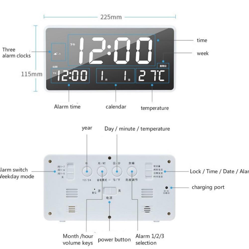 Digitale LED-Spiegeluhr, Wecker, Kalender und Schlummerfunktion, °C/°F, Innenthermometer einstellbar