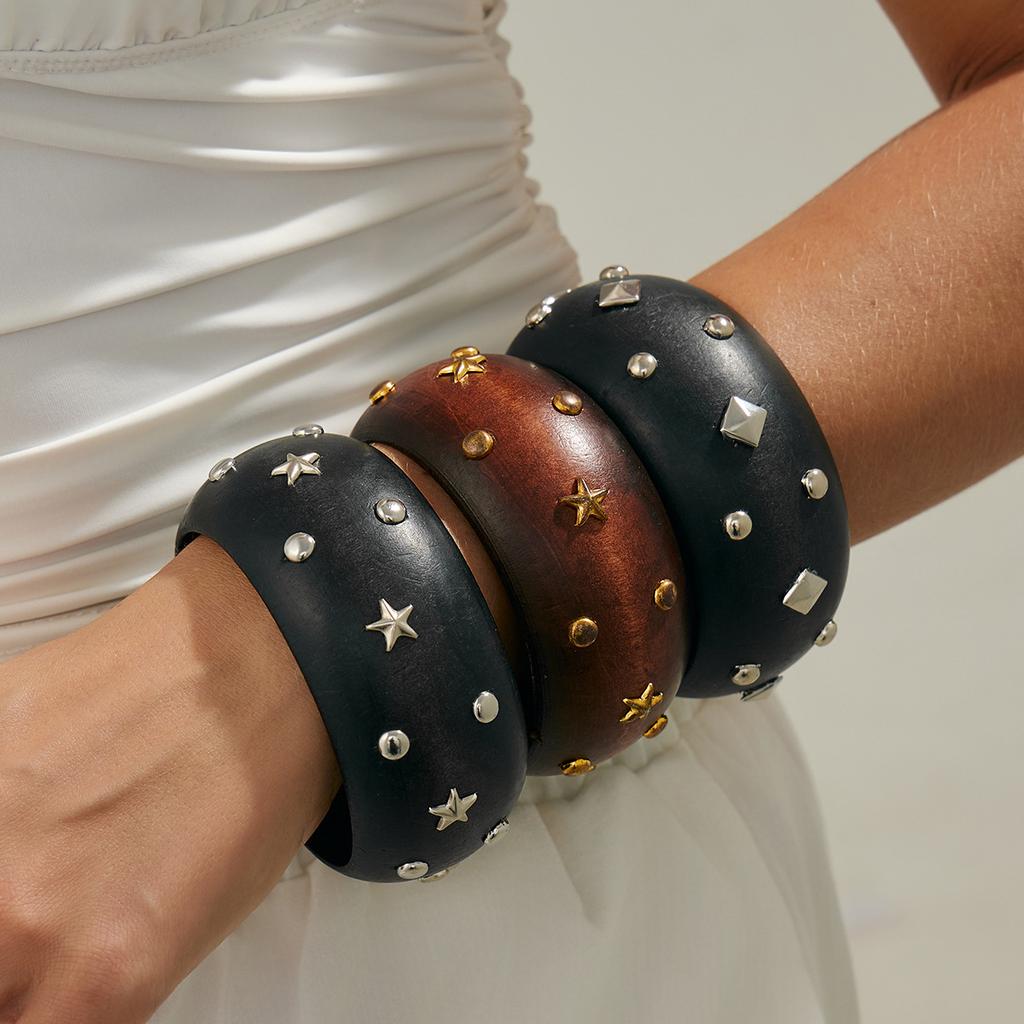 Retro Fashion Five-pointed Star Rivet Wooden Bracelet Bangles Y2k Punk Style Geometric Vintage Bangle Jewelry Fashion Hiphop Grunge Pulseras Mujer
