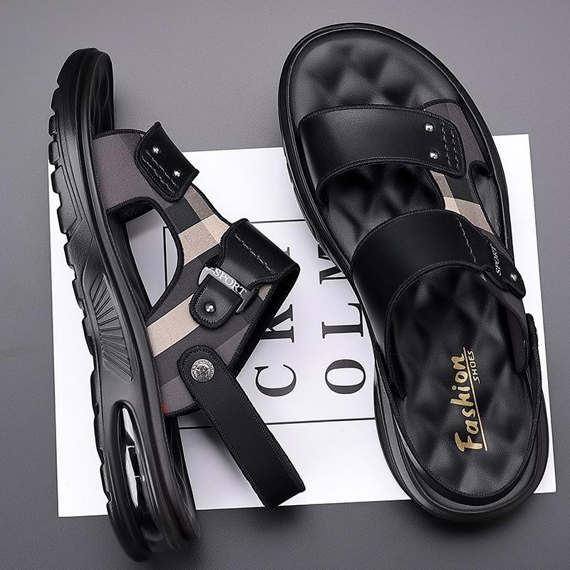 Sandals men's 2025 new trendy leather soft-soled outer wear men's beach shoes thick-soled air cushion dual-purpose wear-resistant cool slippers