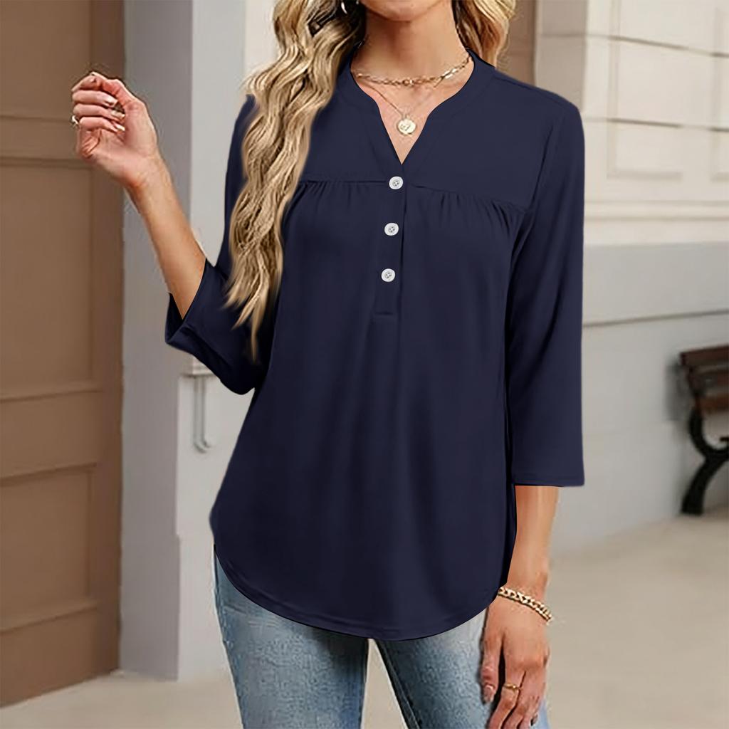 Women's Fashionable Casual Color V-Neck Decorative Button Three-Quarter Sleeve T-Shirt Top