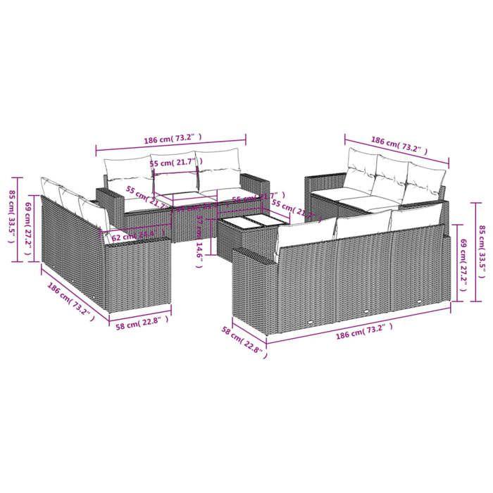 VidaXL Salon de Jardin avec Coussins 13 pcs, Canapés avec Pieds Réglables, Ensemble de Meubles d'Extérieur Patio Terrasse, 3251115