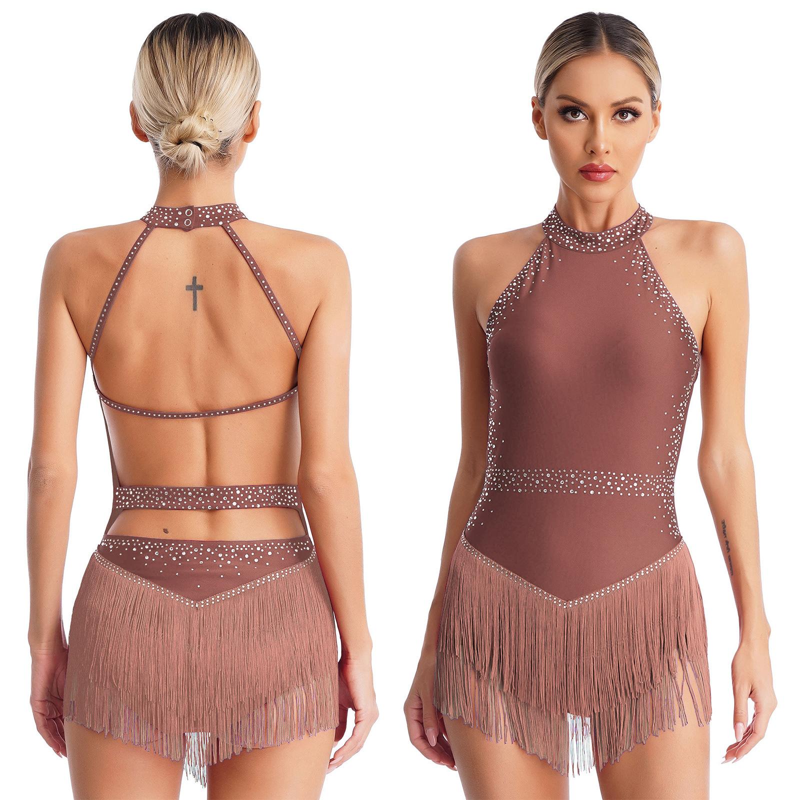 

Женское трико с блестящими стразами и кисточками, платье с лямкой на шее, без рукавов, с открытой спиной и бахромой, боди для бальных танцев, костюм для латинских танцев XXL розовый