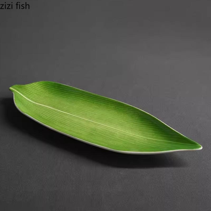 Green Zongzi Leaf Plate Ceramics Dining Plate Sushi Plates Sashime Flat Plates Dessert Bowl Dim Sum Dish Fruit Bowl Snack Tray