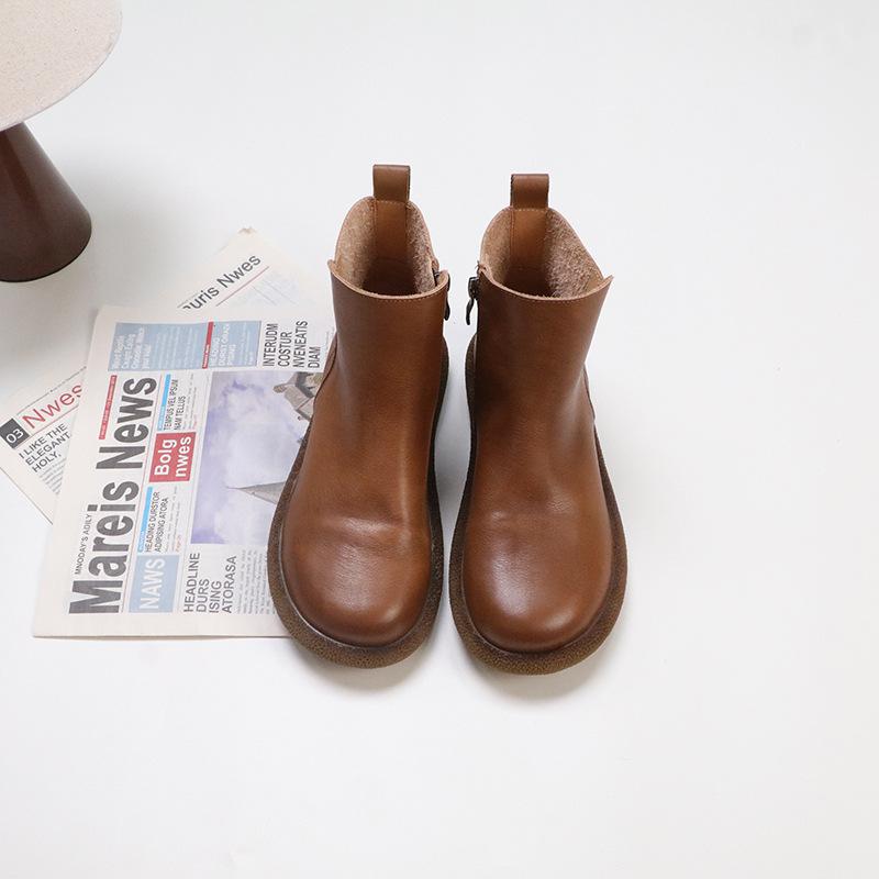 Johnature Genuine Leather Women's Short Boots Retro Side Zipper Round Toe Flat Chelsea Boots