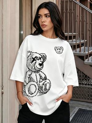 2026 Summer Unisexs Tshirt With Bear Print Black Loose Streetwear Tee Trendy Y2k Clothing For Girls