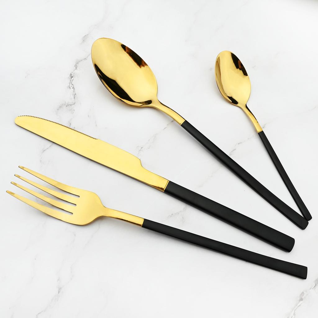 24 Pcs Black Tableware Stainless Steel Cutlery Set Forks Knives Spoons Kitchen Dinner Set Fork Spoon Knife Gold Dinnerware Set