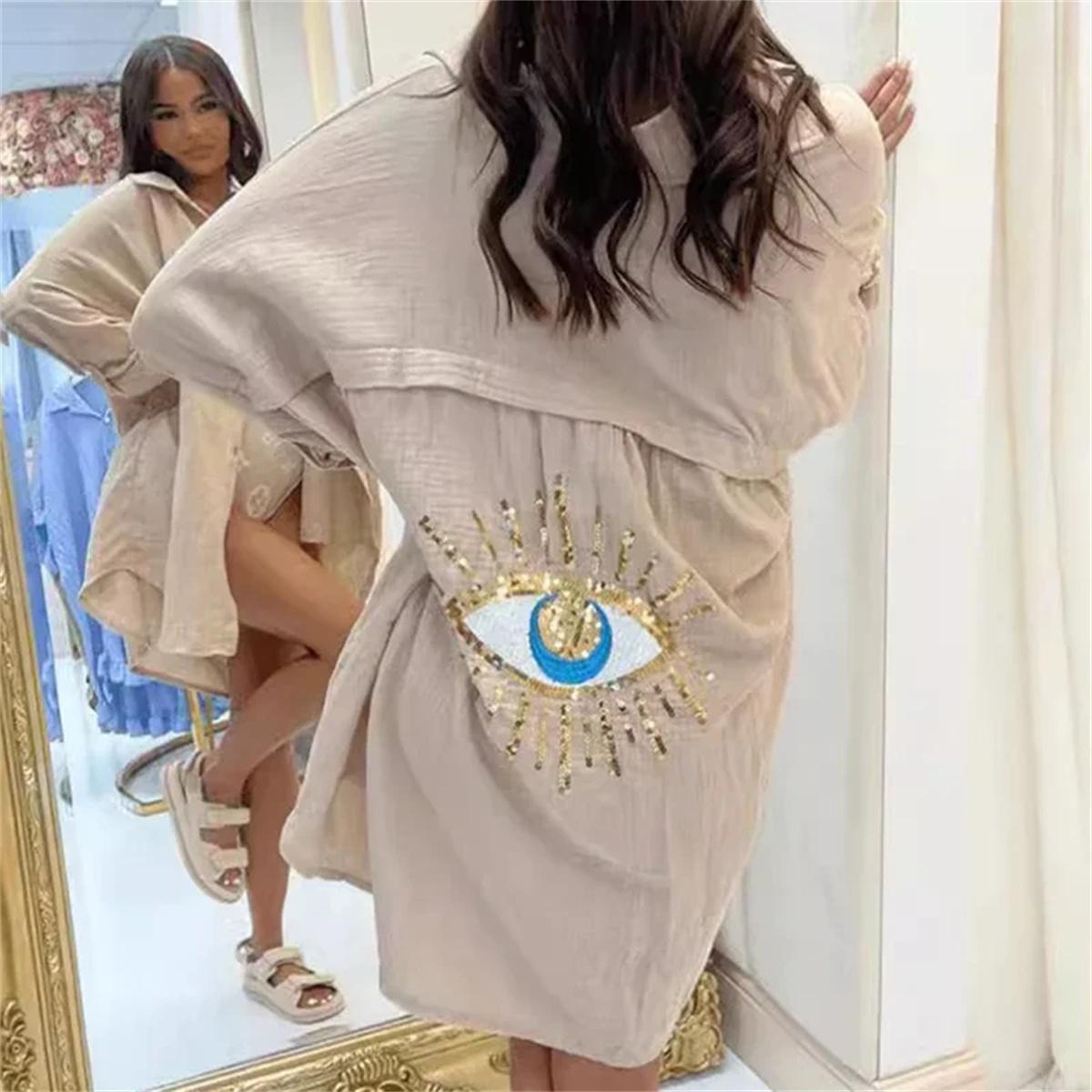 

Рубашка с длинным рукавом, свободная, с пайетками, отложной кардиган, топы, однобортный, однотонный, повседневный, пляжный, длинная блузка, лето M хаки