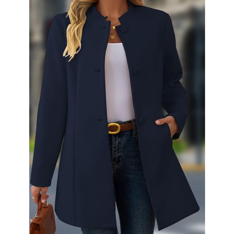 Women S Casual Stand Collar Mid Length Woolen Coat For Daily Wear
