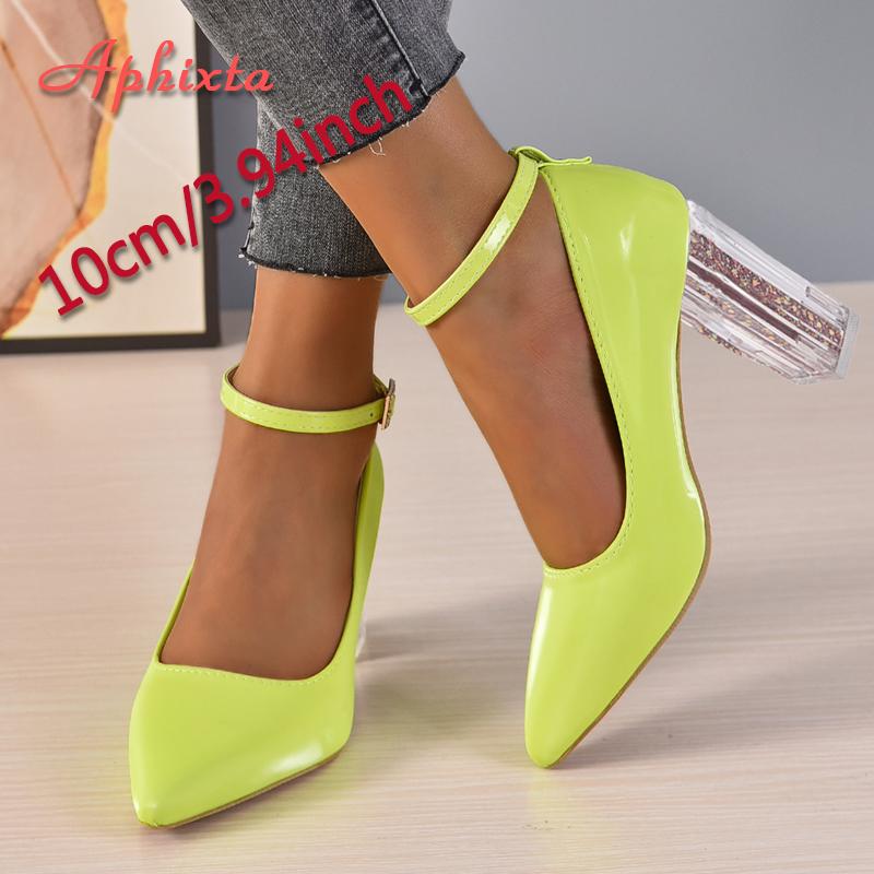 Fashion Aphixta 3.94inch Transparent Chunky Heels Women Pumps Orange Pimp Buckle Ankle Strap Shoes Leisure Patent Leather Plus Size 50