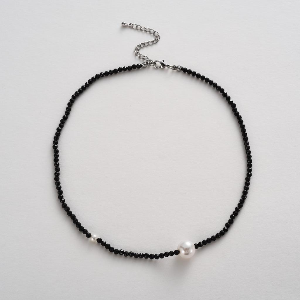 Copper-Plated Platinum Black Spinel Beaded Spell Size Pearl Pendant Collarbone Chain Niche Temperament Versatile Necklace Women