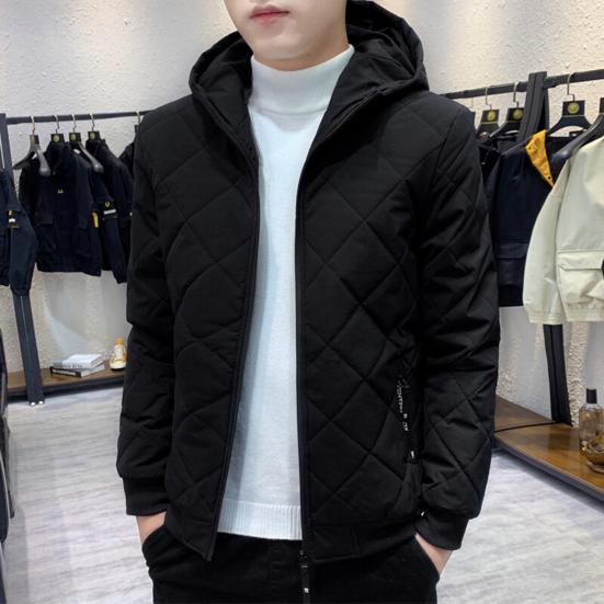 Men Cotton Coat Hooded Long Sleeve Solid Color Zipper Placket Quilted Jacket Elastic Hem