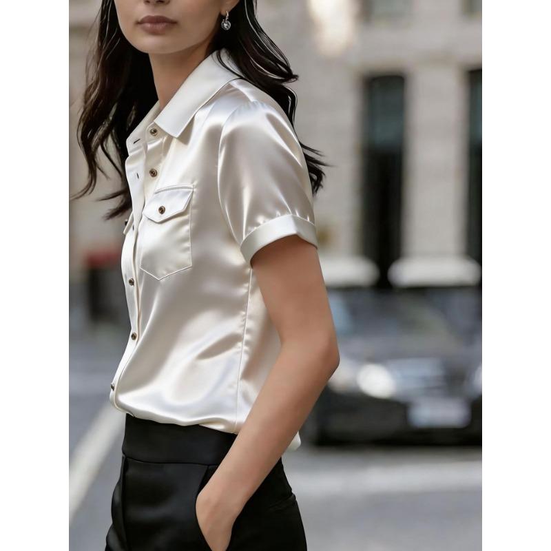 Elegant Satin Short Sleeve Shirt With Chest Pockets