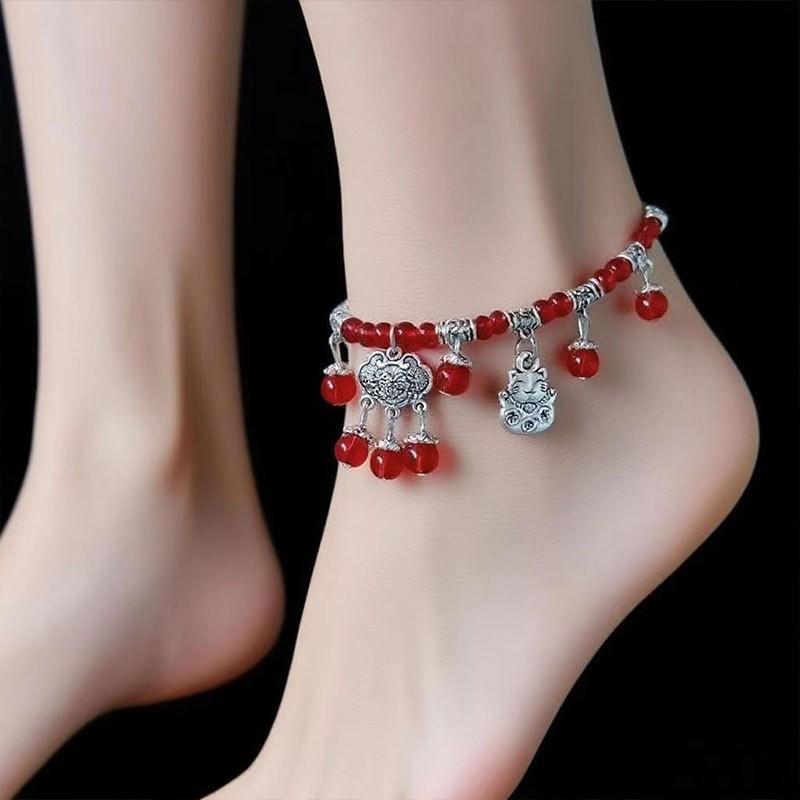 Literary And Retro Summer Red Rope Anklet Safety Lock Fringed Bell Agate Anklet Natal Female Accessories Foot Accessories