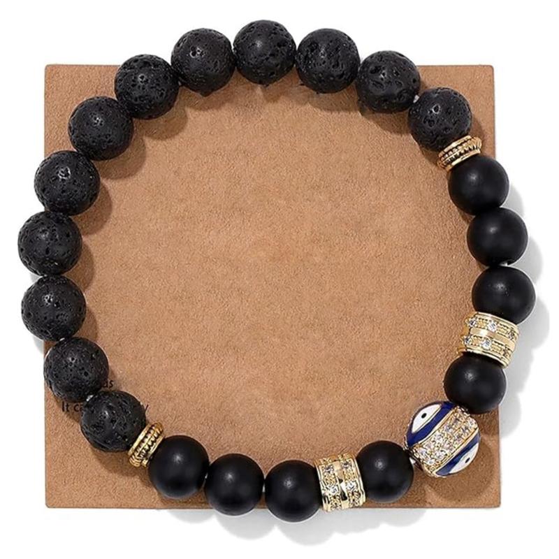 

Evil Eyes Bracelet 8mm Volcanic Stone Beads Gold Plated Diamonds Accent Adjustable Jewelry for Women