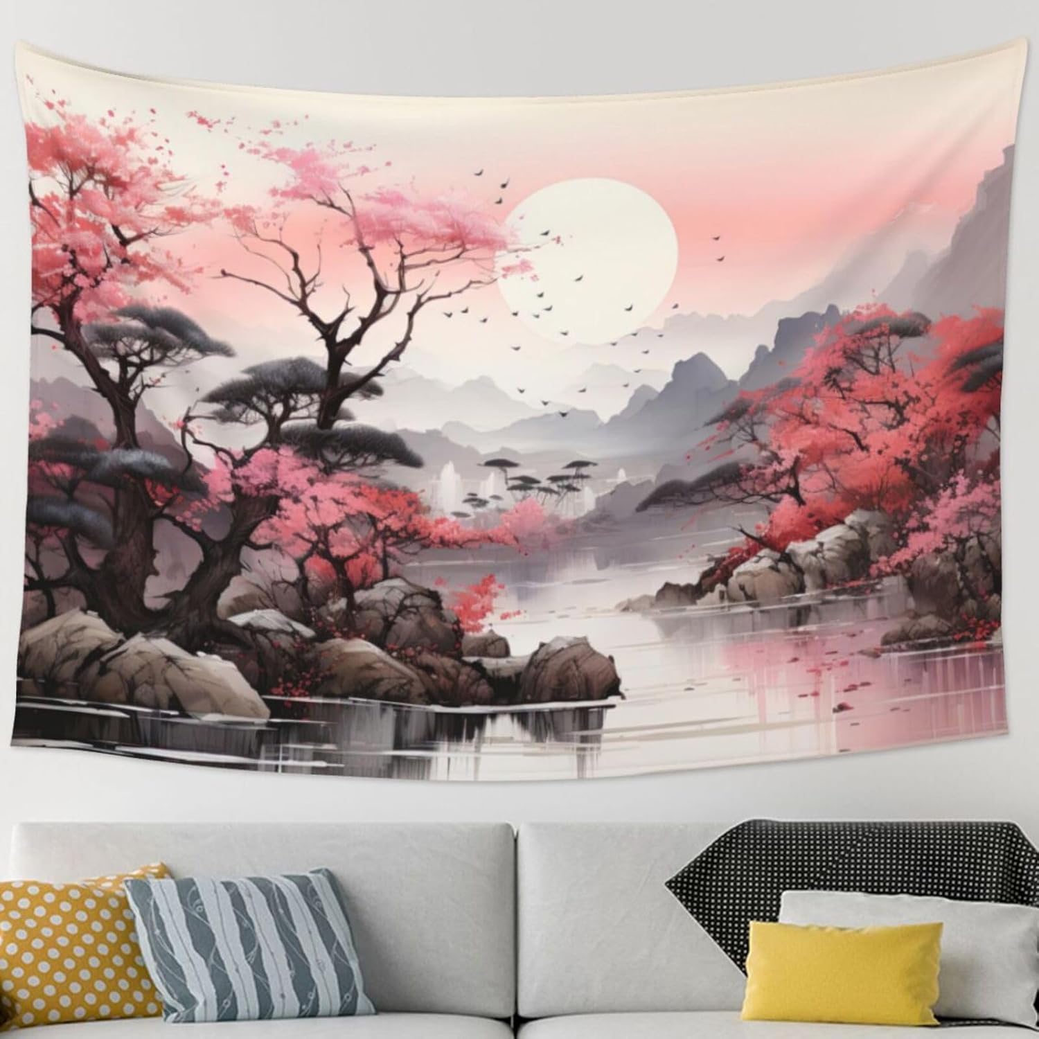 Jmg Household Supplies Unisex Pink Serene Sakura Lake Tapestry, Japanese Landscape With Cherry Blossoms And Full Moon Print Wall Hanging For Cozy And Artistic