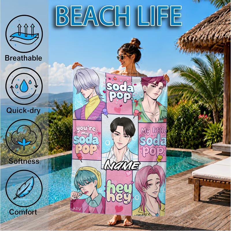 Custom Name KPop Cartoon Beach Towel Microfiber Beach Towel, Lightweight and Quick-Dry, for Summer Travel, Swimming Pool Gift