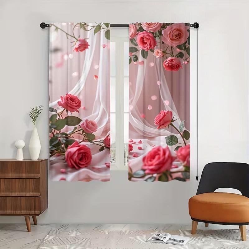 2 Pcs Pink Rose Print Curtains,suitable for Bedroom,living Room Kitchen Decoration,home Decoration,window Decor
