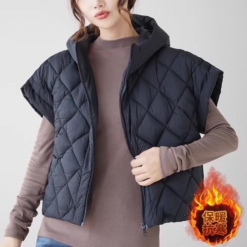 Hochwertige weiße Entendaunenweste Damen Herbst und Winter Mode Kleine Fliege Ärmel Kapuze Rautenmuster Weste Jacke