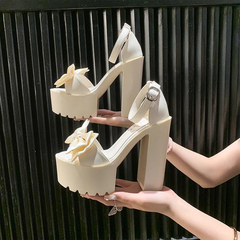 Fashion Women Sandals 2025 New Summer Shoes Trend Black White Fashionable Butterfly-KnotHigh Heels Leisure Chunky Platform Sandals Woman