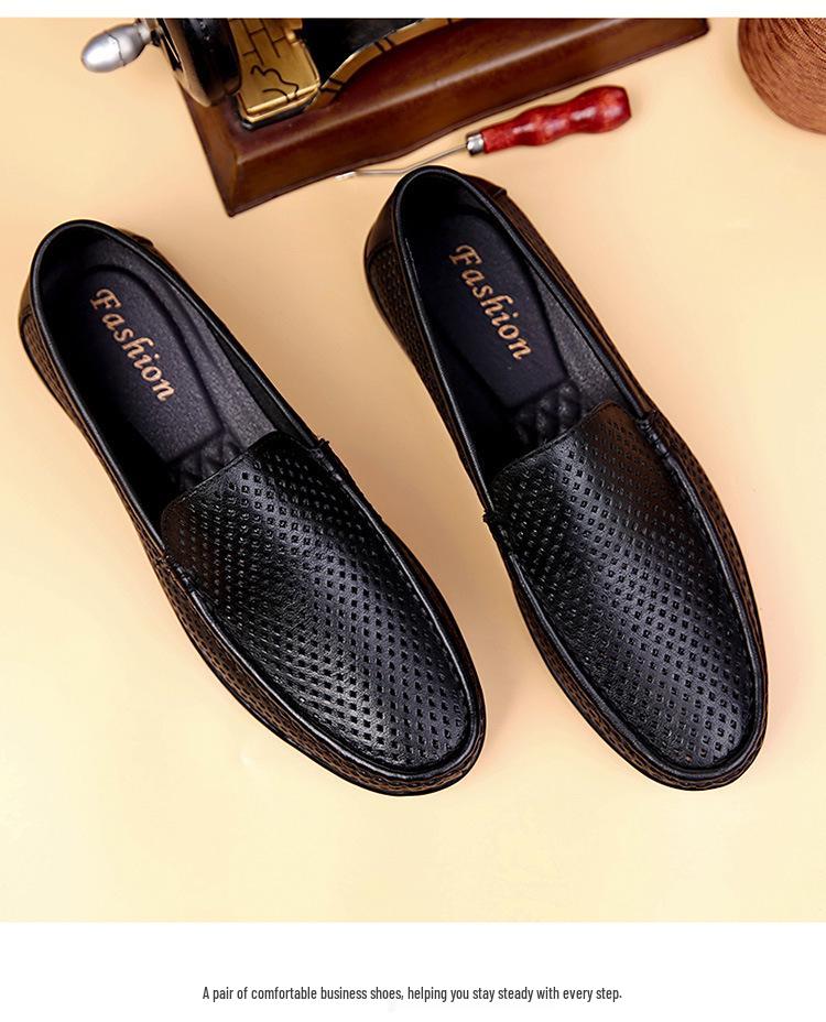 Men's Hollow Leather Slip-On Loafers - Breathable, Summer, Low-Top Flats, Large Size Cowhide Casual Shoes