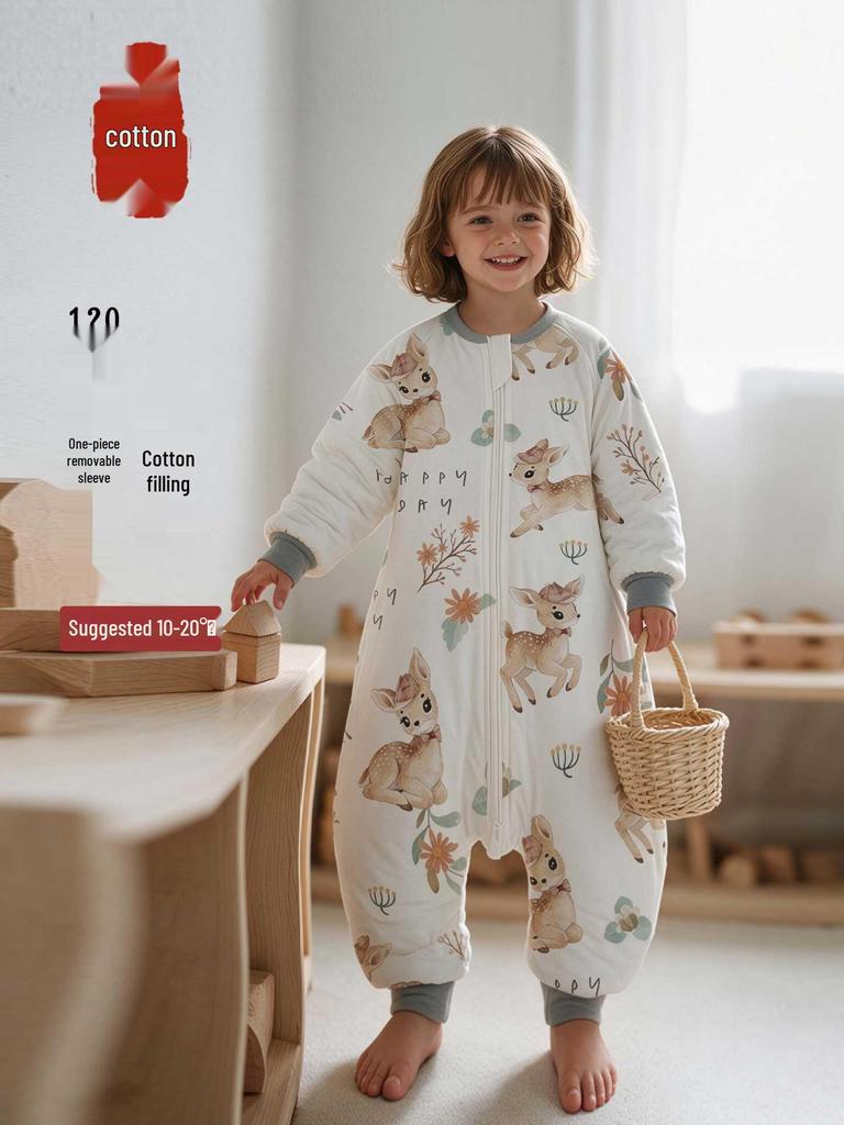 Saco de Dormir Infantil 100% Algodão com Pernas Separadas: Pijama de Peça Única Espessado Anti-Chute para Outono/Inverno