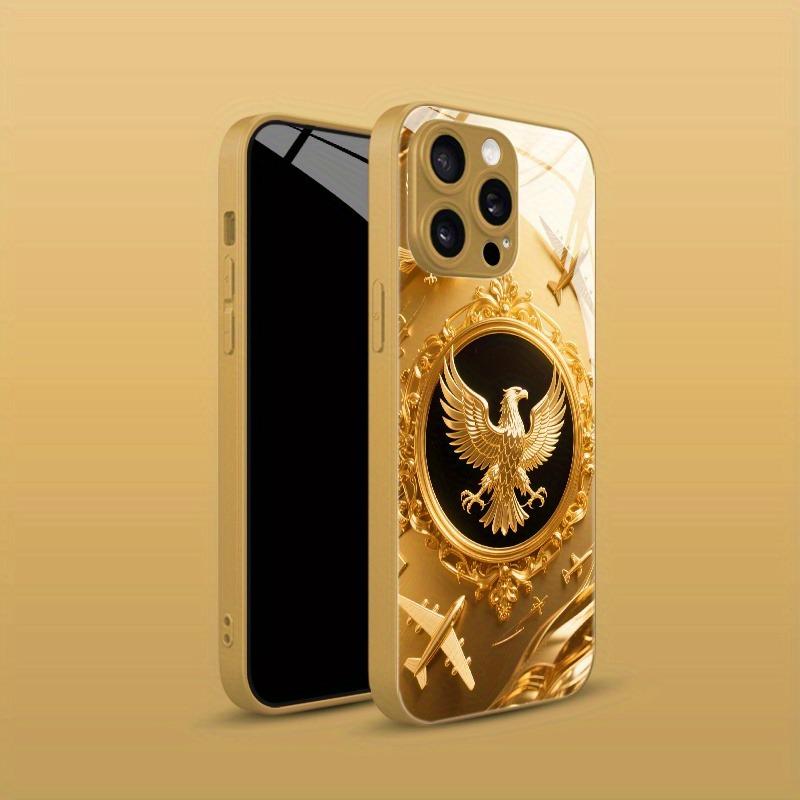 Adler Goldenes Flugzeugmuster Metallische Farbe Gehärtetes Glas Handyhülle Für iPhone 11 12 13 14 15 16 17 Pro Max Plus 17Air 16E Hülle