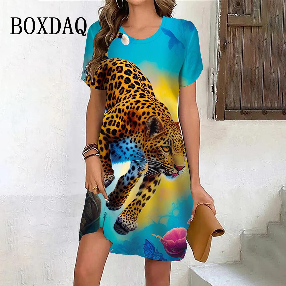 Tiger Graphic Dresses For Women Casual 3D Print Vintage Dress Female Fashion Short Sleeve Plus Size Dress Summer Clothes