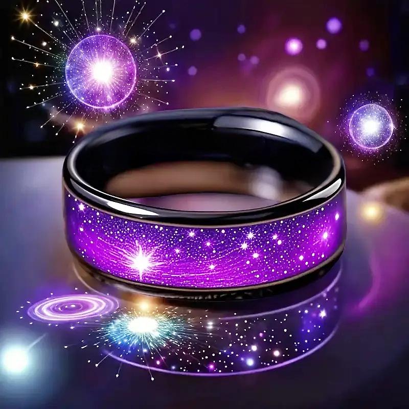 Black-Purple Men's Starry Sky Wedding Ring - High-Quality Electroplated Finish, Perfect Gift