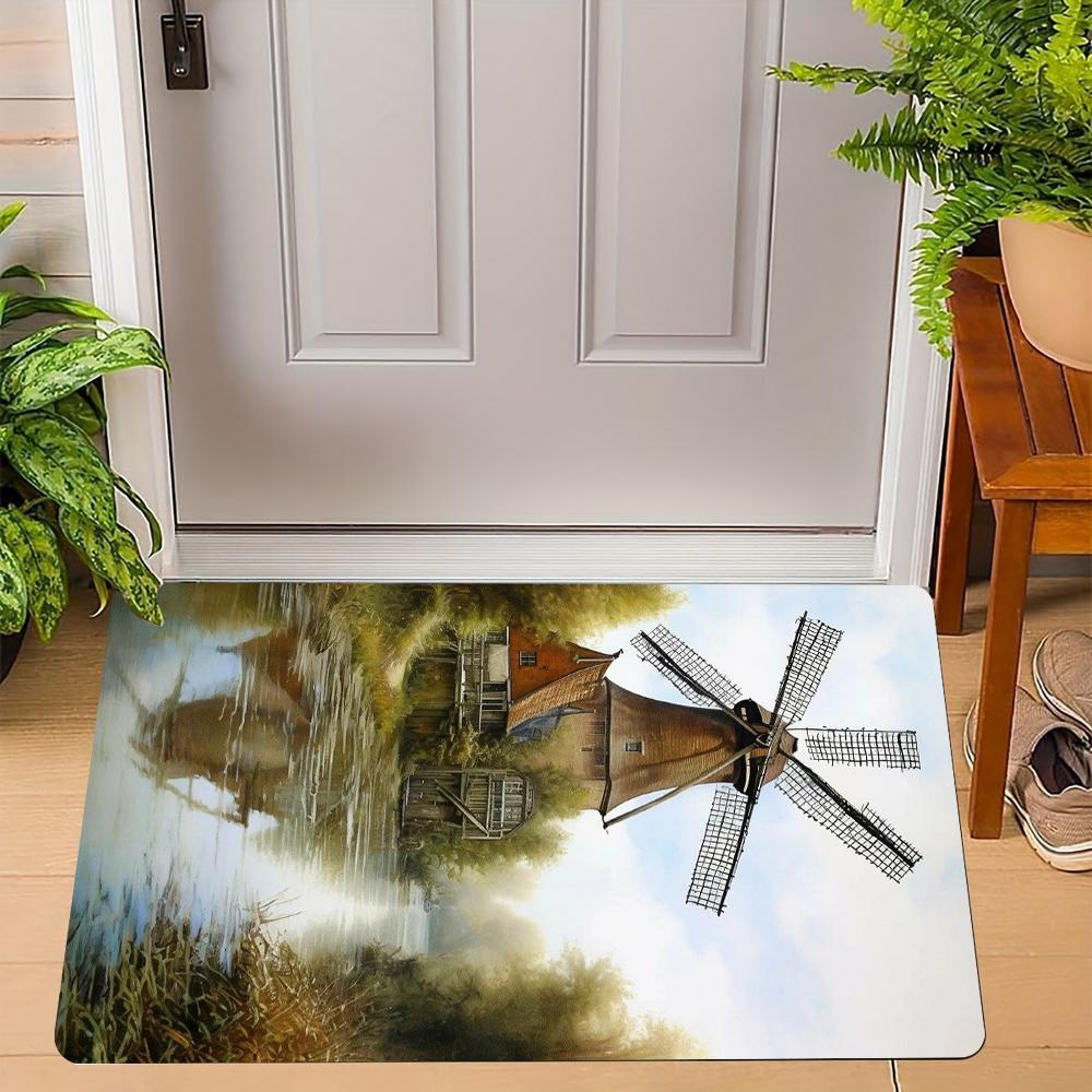 Vintage Windmill Door Mat With Scenic Rural Landscape Artistic Patterns Soft NonSlip Mat For Home Entrance, Patio, Balcony,