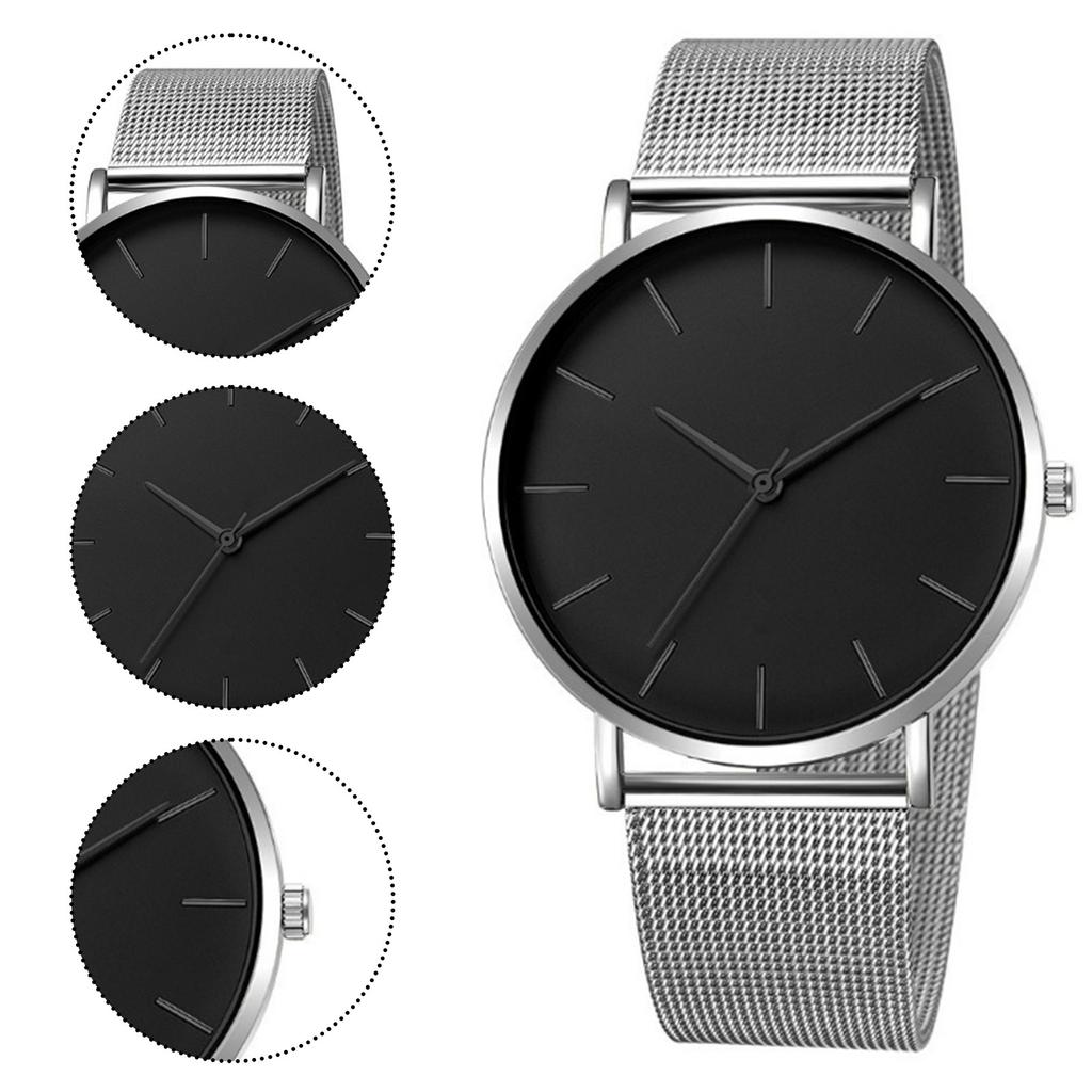 Trendy Minimalist Men’s Watch Modern Black Mesh Band Quartz Watch Chic Gold Accent Matte Black Face Slim Round Case Wristwatch