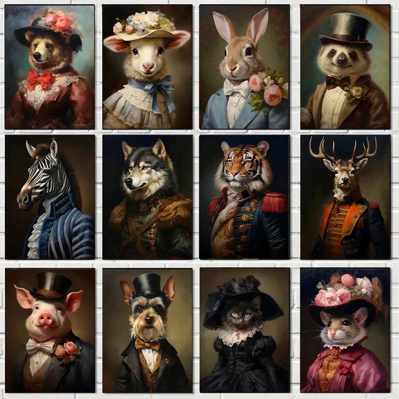 Vintage Palace Aristocrat Gorgeous Costume Animal Tiger Lion Rabbit Art Poster Canvas Paintings Wall Art HD Pictures Home Decor