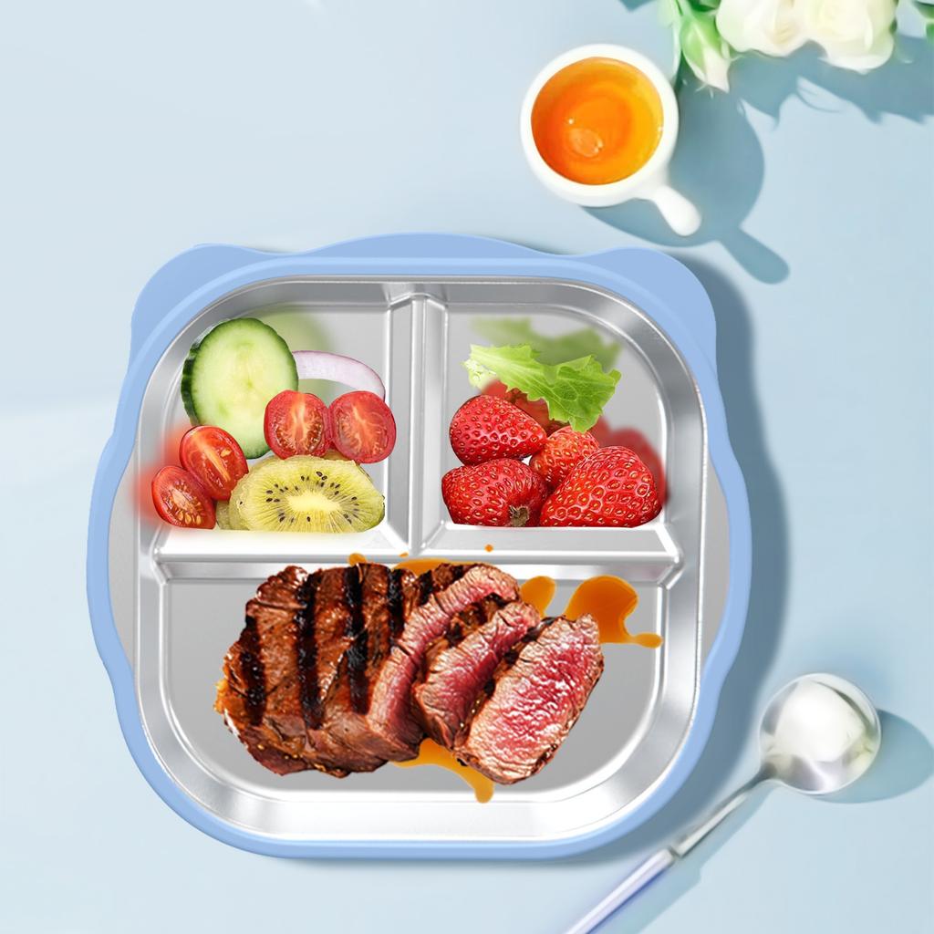 New Stainless Steel Baby Feeding Plate, Food Grade Silicone Suction Divided Plate, -Fall Heat Resistant Kids Dinner Plate