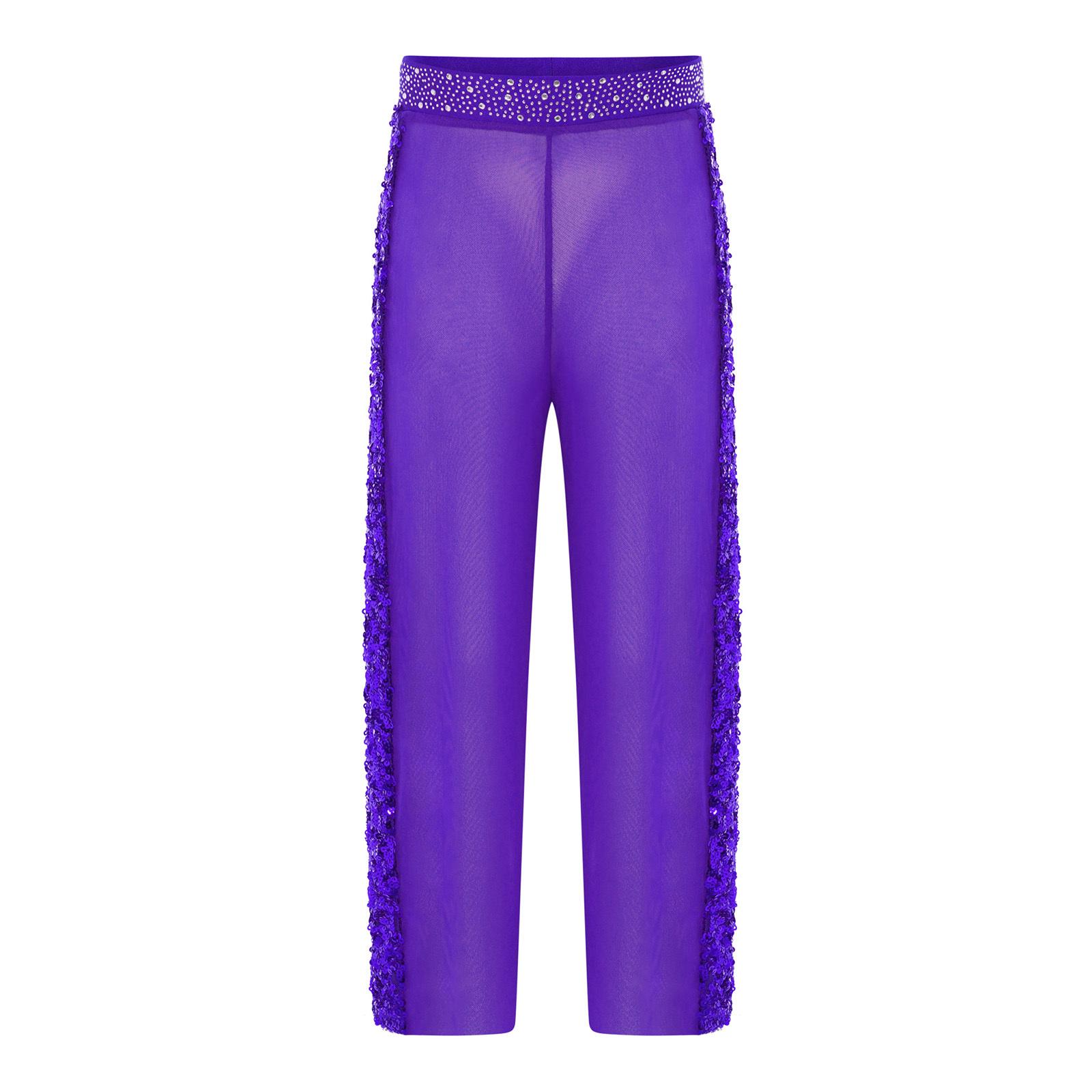 

Girls Figure Skating Modern Dance Pants Sheer Mesh Shiny Rhinestones Elastic Waistband Wide Leg Trousers 5-6 Years фіолетовий