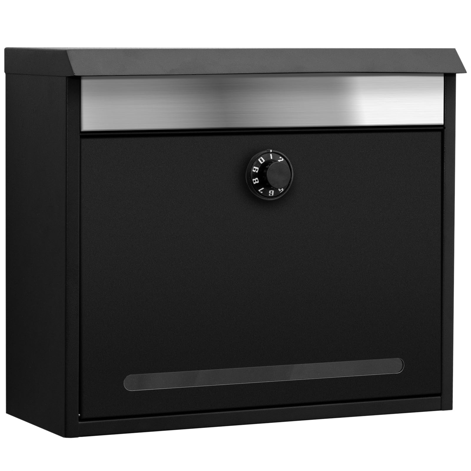 PYKES PEAK Wall-Mounted Mailbox, Dial Lock, A4 Size, Stylish, Large, Vertical, Black with Stainless Steel Slot