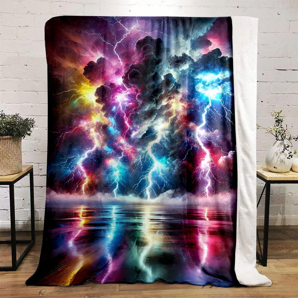 Vivid Lightning Bolts Illuminate Colorful Clouds with Reflections In Water. for All Seasons Blanket Lunch Break Throw Gift