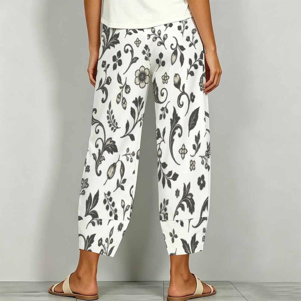 Women Plus Size Loose Printed Cropped Pants Navy Blue Cross Hem With Pockets