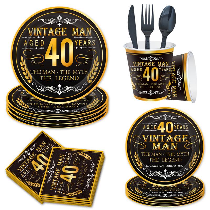 Vintage 40Th Birthday Party Decoration Disposable Paper Plate Paper Cup Paper Towel Tablecloth Flag Party Tableware