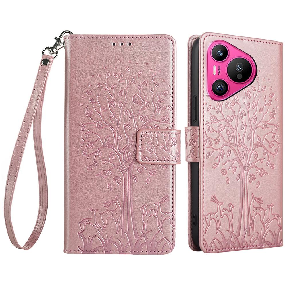 

For Huawei Pura 70 Case PU Leather Wallet Phone Cover Tree Deer Imprinted Rose Gold