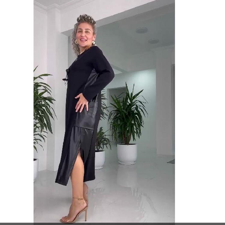 Rochie de damă mărime plus toamnă/iarnă 2024 cu blocuri de culoare, din piele îmbinată