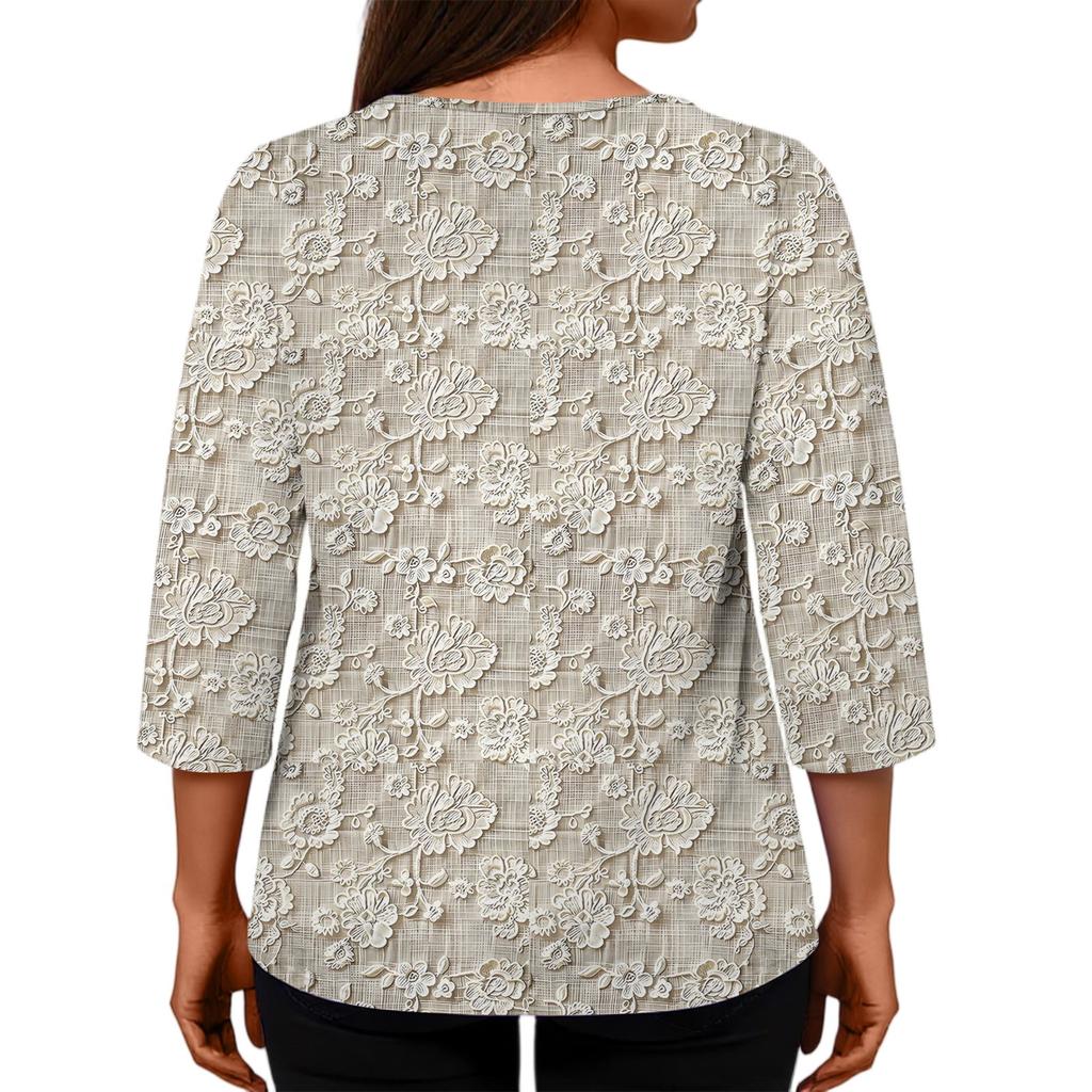 Women's Casual Fashion Three-quarter Sleeve Loose Round Neck Floral Print Top