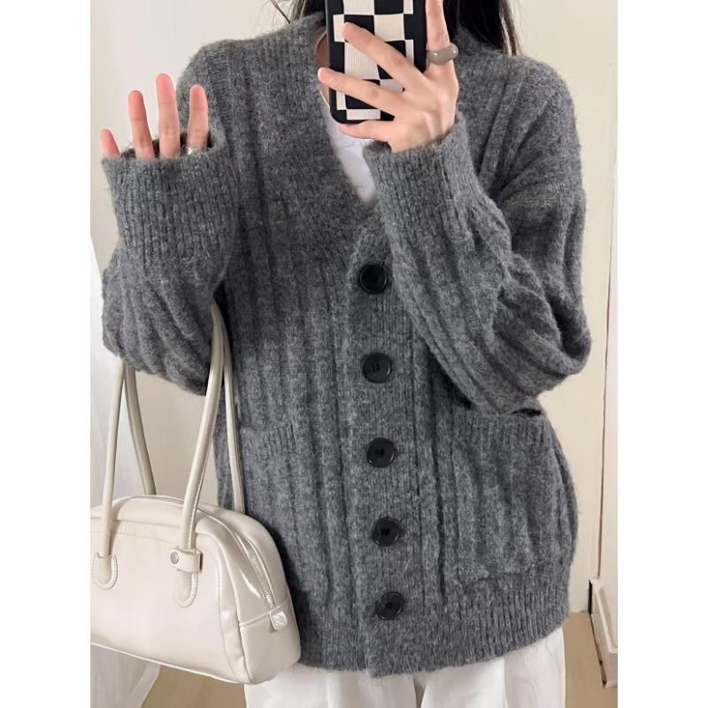 Autumn and winter wide and thin high-end medium and long knitted cardigan lazy wind soft waxy thickened v-neck sweater jacket women