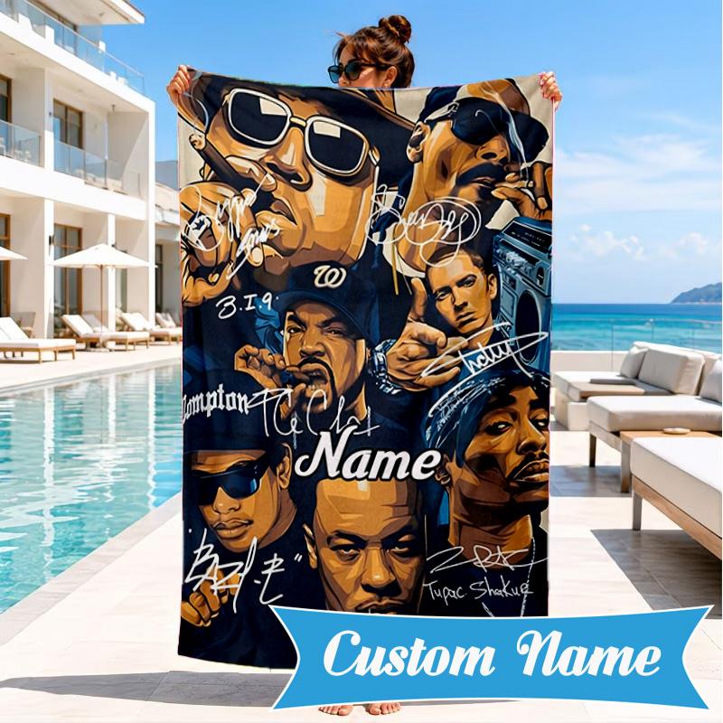 Custom Name Rap Legends Collage Heart In Space Adventure Microfiber Beach Towel, Lightweight for Summer Travel, Swimming Pool Fan Gift