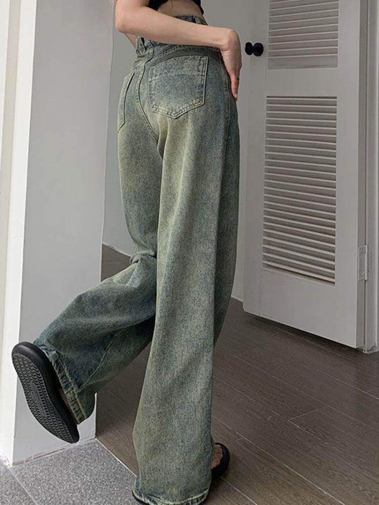 2000s Vintage Lengthen Straight Jeans Women Chic Korean High Waist Washed Denim Pants Female Elegant Streetwear Loose Wide Leg Trousers