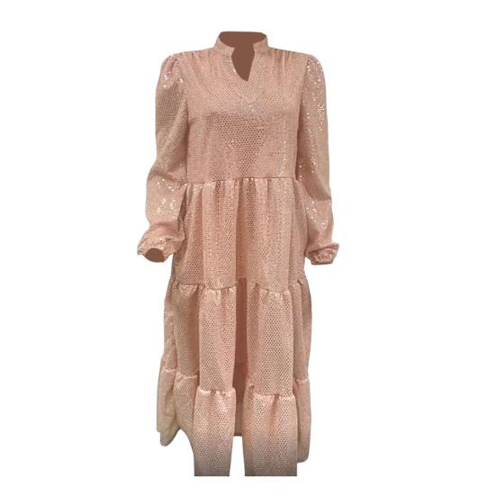 Abendkleid für Damen, V-Ausschnitt, glänzende Pailletten, A-Linie, lose Bing Swing, lange Ärmel, einfarbig, Patchwork-Saum, plissiert, Party, Abschlussball, Maxikleid