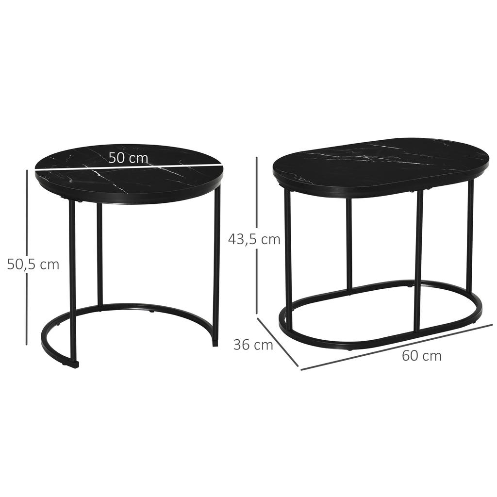 Set di tavolini con struttura in acciaio e piano in finto marmo, Set moderno di 2 tavolini da caffè, Nero/Bianco