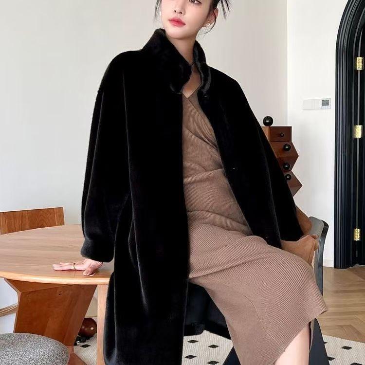 2024 Eco-Friendly Mink Fur Long Coat with Stand-Up Collar - Plus Size & Fashionable