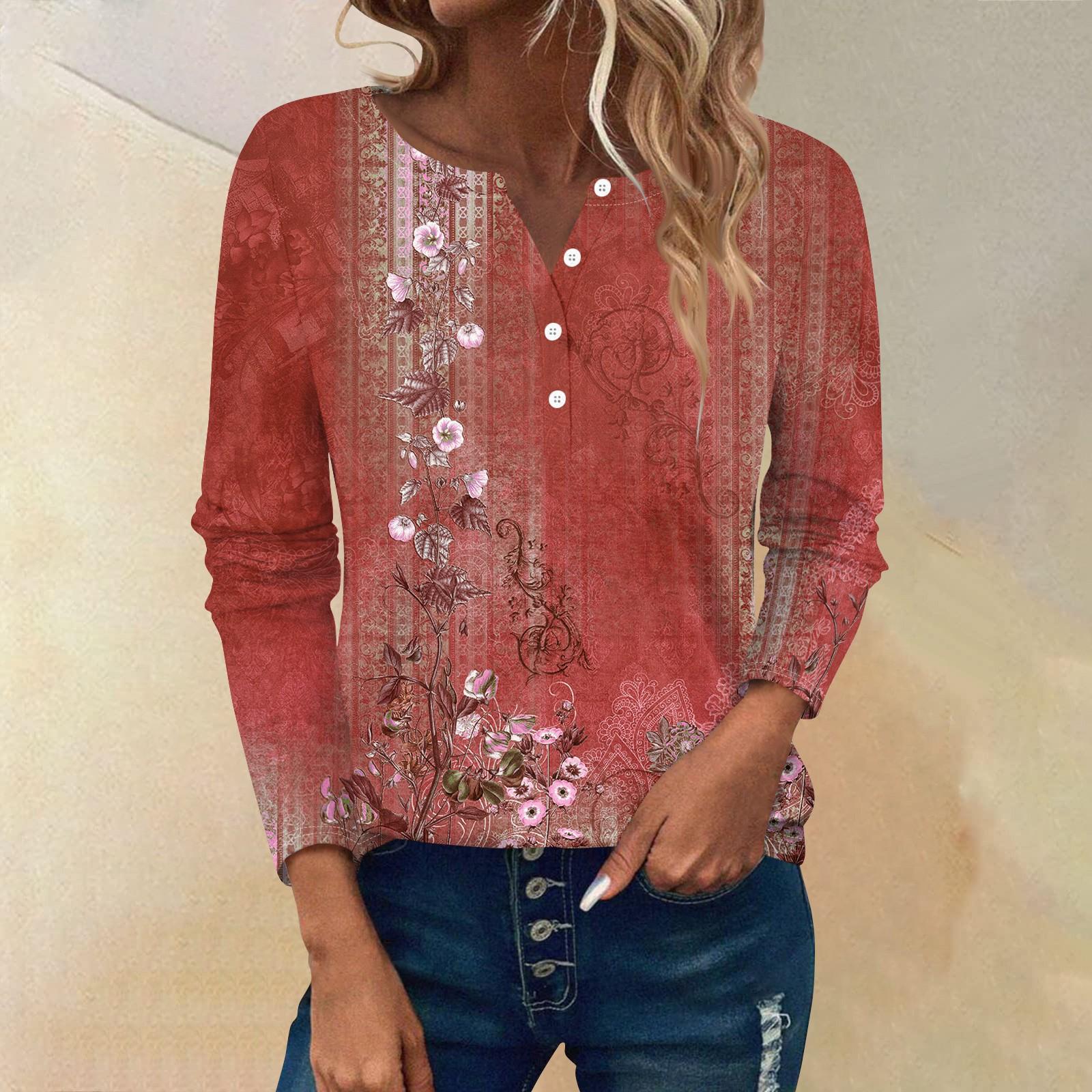 

Женские футболки с длинным рукавом и пуговицами, повседневные туники с V-образным вырезом, женские повседневные топы M красный