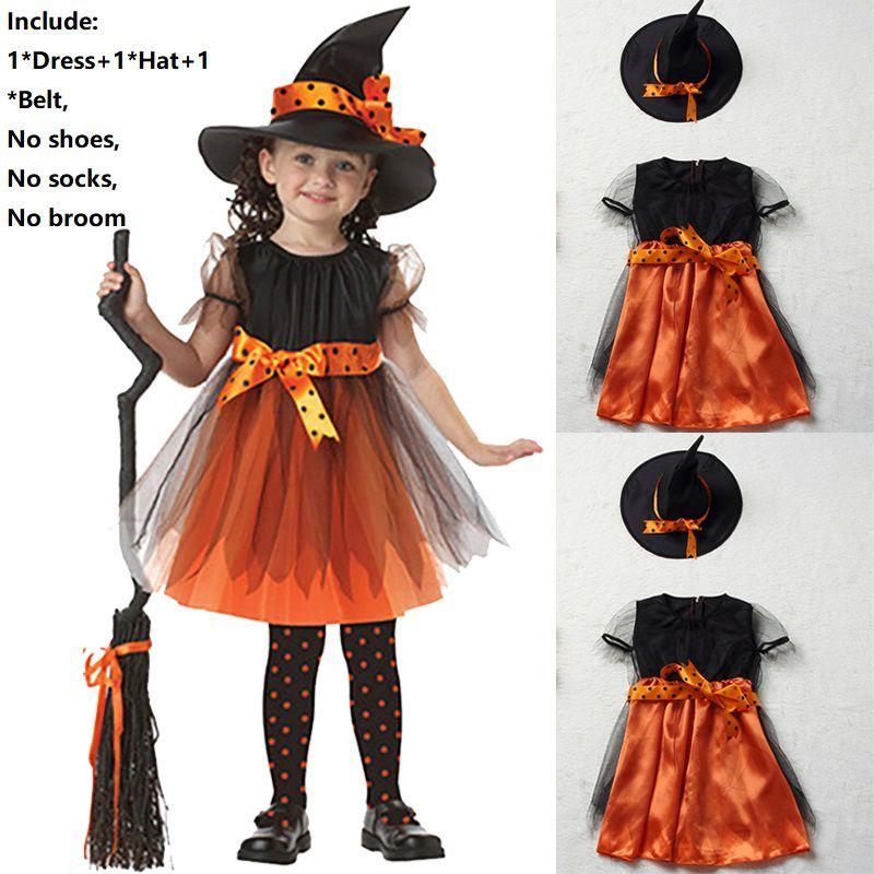 Girls Halloween Witches Hat Fancy Dress Costume Witch Outfit Kids Party Cosplay