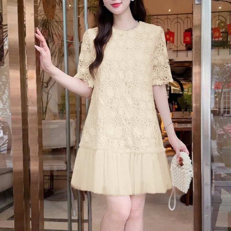 ZANZEA Women Casual Round Neck Short Sleeve Patchwork Lace Crochet Dress