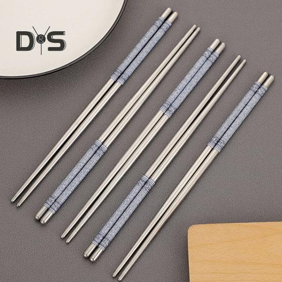 Rostfritt stål 5 par matpinnar porslinsmönster Anti-halk Snygga pinnar för kinesisk mat